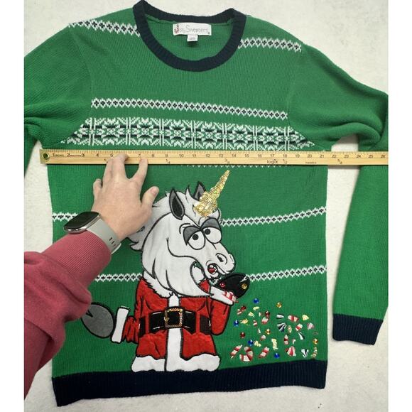 Joy Sweaters Ugly Christmas Sweater Adult L Green Knit Holiday Unicorn Candy - Picture 4 of 7